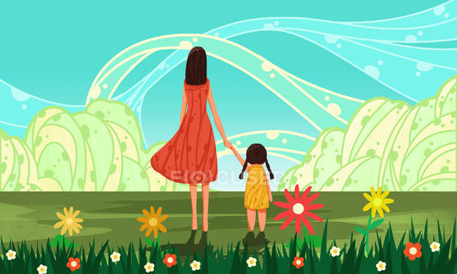 Ilustración creativa de la madre y la hija cogidas de la mano mientras están de pie en el prado verde - foto de stock