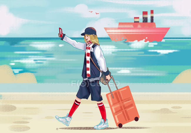 Beautiful creative illustration of happy young woman with suitcase taking selfie with smartphone at seaside — Stock Photo