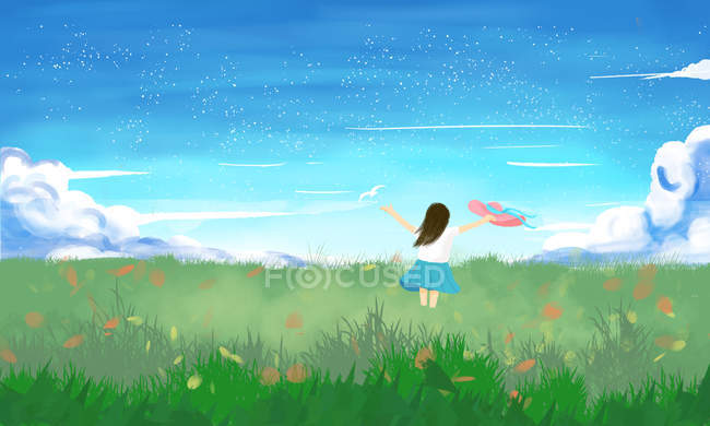 Beautiful illustration of girl holding hat and standing on green meadow at springtime — Stock Photo
