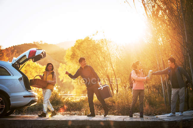 Asian friends taking stuff for picnic from car on bridge in autumnal forest — Stock Photo