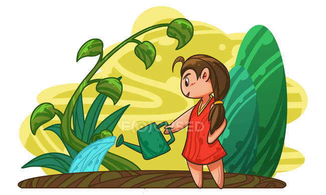 Beautiful creative illustration of girl watering green plants in garden — Stock Photo