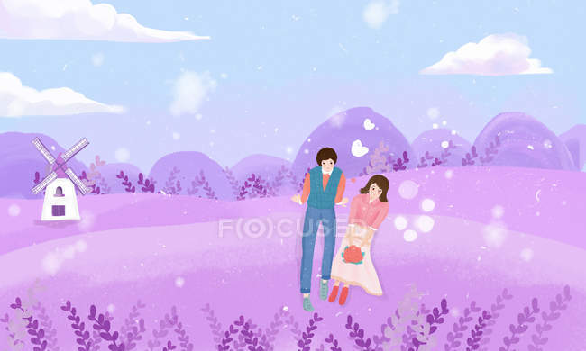 Hermosa ilustración creativa de pareja joven enamorada caminando en el campo de lavanda, concepto del día de San Valentín - foto de stock