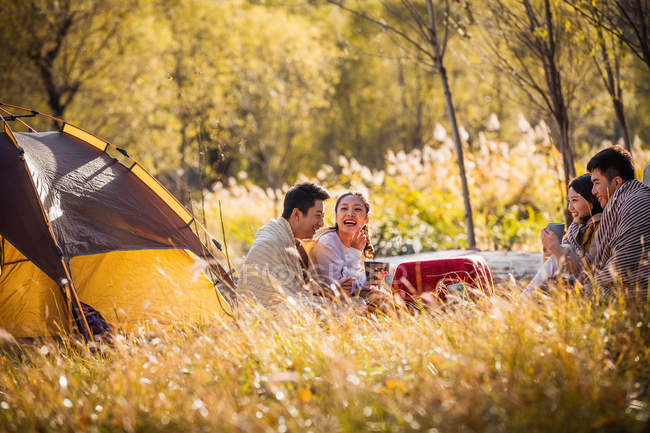 Cuatro asiático amigos beber té y hablando en camping lugar en otoñal bosque - foto de stock