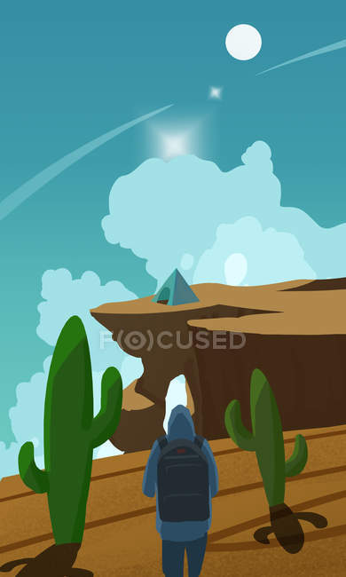 Bella illustrazione creativa con zaino in spalla guardando tenda in montagna, concetto di viaggio — Foto stock