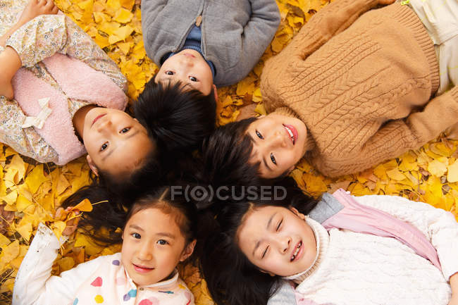 Alto ángulo vista de cinco adorable asiático niños acostado en follaje en otoñal parque - foto de stock