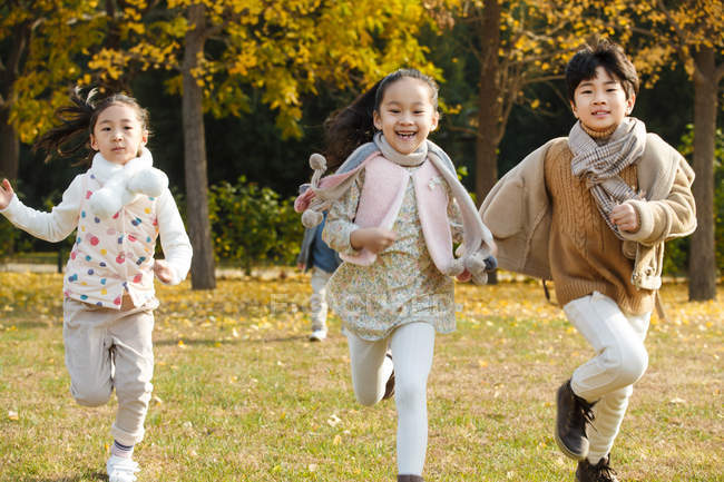 Niño feliz y las niñas corriendo en el prado en el parque de otoño - foto de stock