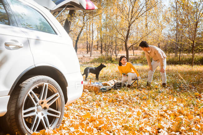 Asian couple with dog having picnic in autumnal forest — Stock Photo