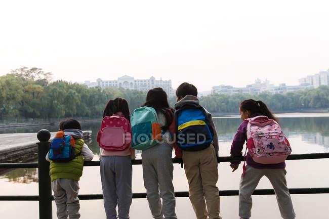 Vista trasera de cinco niños apoyados en una valla cerca del río en el parque otoñal - foto de stock