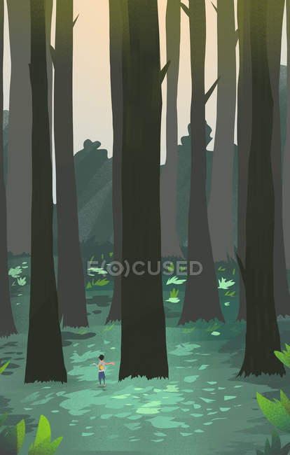 Beautiful creative illustration of person near tall trees in forest at springtime — Stock Photo