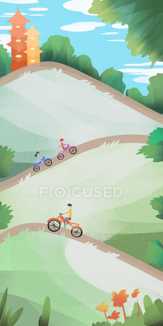 Beautiful creative illustration of kids riding bicycles on hills at springtime — Stock Photo