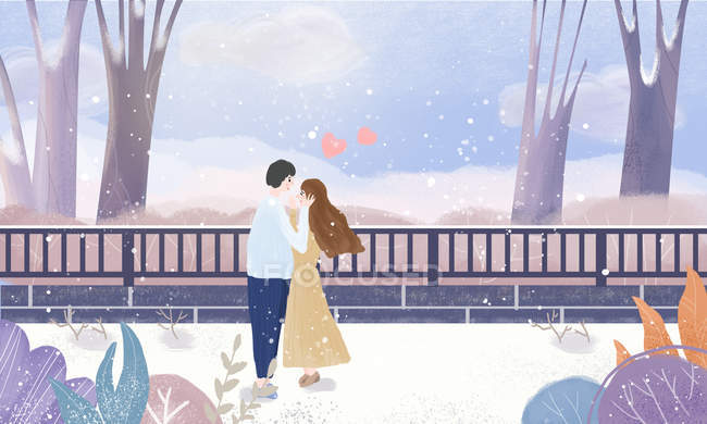 Ilustración creativa de feliz pareja joven al aire libre en el día de San Valentín - foto de stock