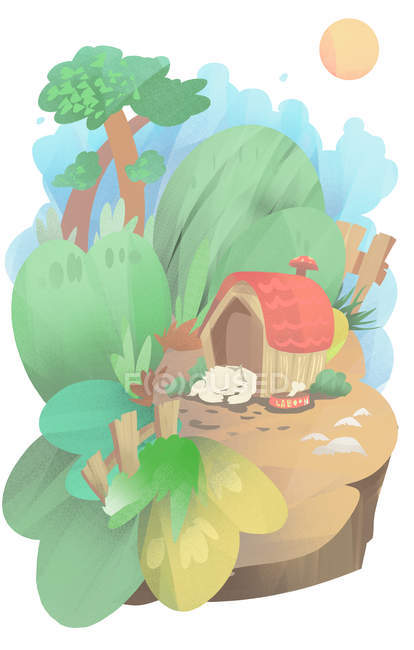 Beautiful creative illustration of pet sleeping near doghouse at farm — Stock Photo