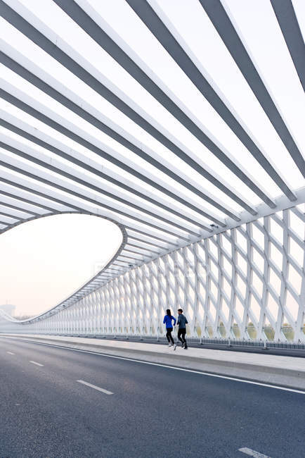 Вид сзади спортивных юношей и девушек, бегущих вместе по мосту — стоковое фото