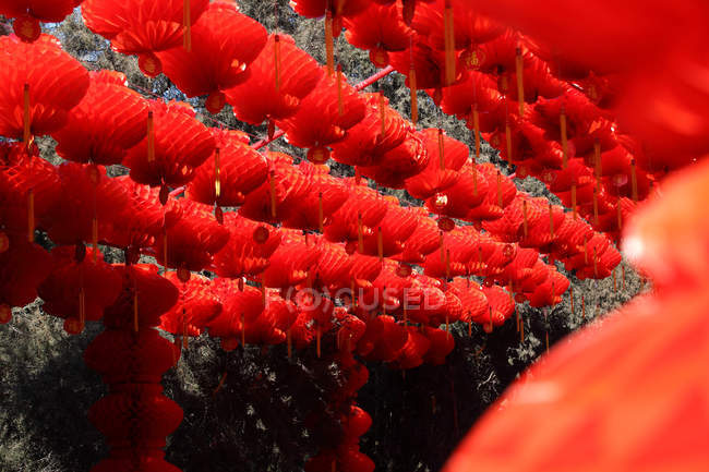 Низький кут Вигляд декоративних святкових червоних висячих ліхтарів. — стокове фото