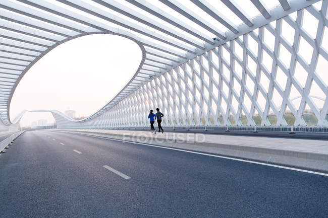 Vue arrière de jeunes joggeurs en tenue de sport courant ensemble sur un pont moderne — Photo de stock