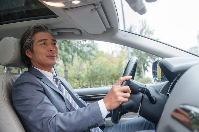 Вид збоку усміхненого азіатського бізнесмена в офіційному одязі водіння автомобіля — стокове фото