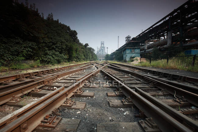 Caminho-de-ferro com vias férreas entre construção industrial e árvores verdes — Fotografia de Stock