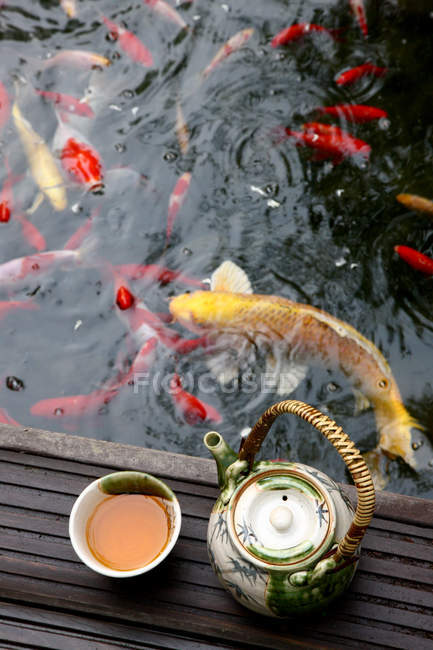 Високий кут зору набір чаю і золота риба плаває в ставку — стокове фото