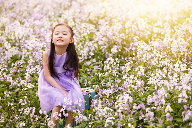 Чарівна азіатська дитина в сукні сидить на мішку на квітковому полі — стокове фото