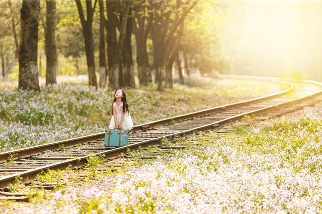 Adorable asian kid in dress carrying bag on railroad near flower field — Stock Photo