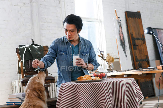 Schöner asiatischer Mann füttert Hund während des Frühstücks im Kunstatelier — Stockfoto