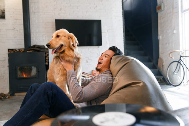 Vista lateral de feliz asiático hombre descansando en frijol bolsa silla y jugando con perro en casa - foto de stock