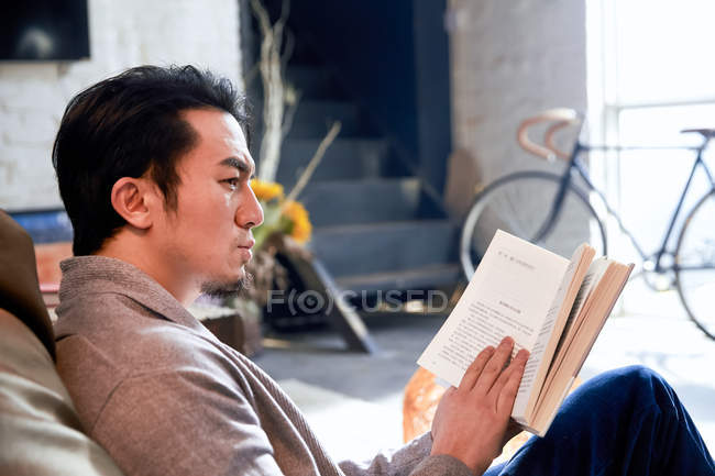 Lado vista de grave barbudo asiático hombre sentado en frijol bolsa silla y lectura libro en casa - foto de stock
