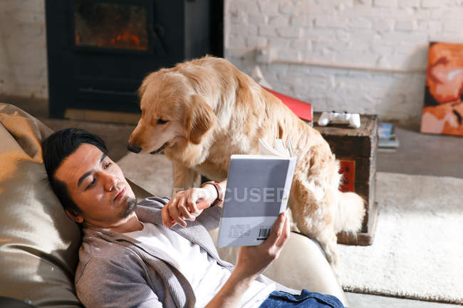Alto ángulo vista de joven asiático hombre leyendo libro y jugando con perro en casa - foto de stock