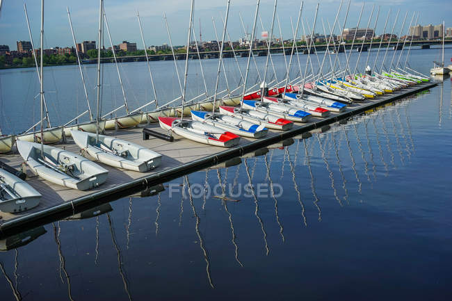 High angle view of boats moored at commercial dock — Stock Photo