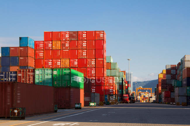 Gru e container di carico nel porto di Shenzhen, Cina — Foto stock