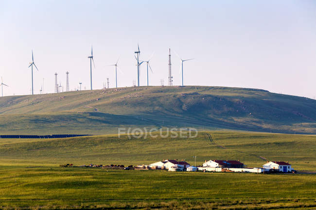 Vista de ángulo bajo de casas en zona rural verde y molinos de viento en la colina - foto de stock