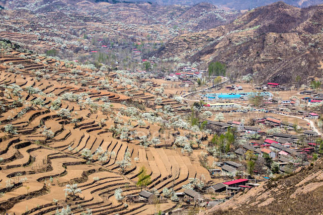 Aerial view of terraced field and village at Qinhuangdao, Hebei, China — Stock Photo