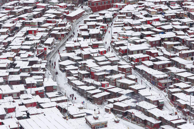 Aerial view of Wuming Buddhist College at snow of Seda County, Sichuan province, China — Stock Photo