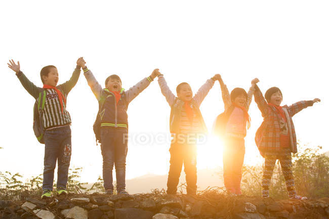 Felices alumnos rurales sosteniendo y levantando las manos mientras están de pie en la colina al amanecer - foto de stock