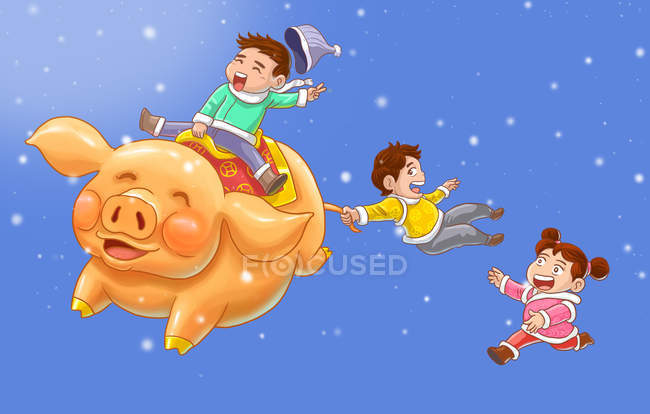 Святкуйте рік вітальної листівки свині з щасливими дітьми та свинею — стокове фото