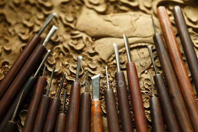 Традиційні китайські деревообробні гравіювання інструменти, крупним планом вид — стокове фото