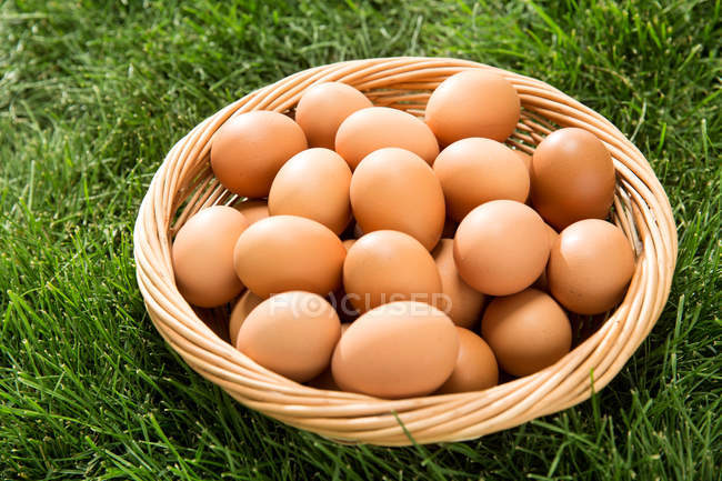 Vue rapprochée du panier avec œufs de poulet frais sur herbe verte — Photo de stock