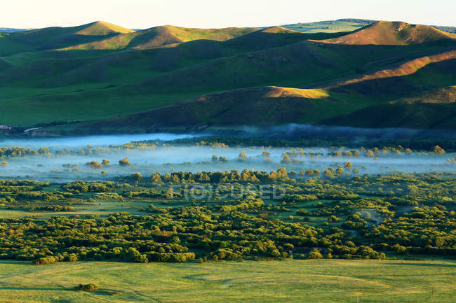 Paysage étonnant avec des collines verdoyantes couvertes de végétation luxuriante, vue à angle élevé — Photo de stock