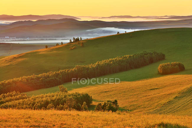 Increíble paisaje con verdes colinas cubiertas de exuberante vegetación, vista de ángulo alto - foto de stock