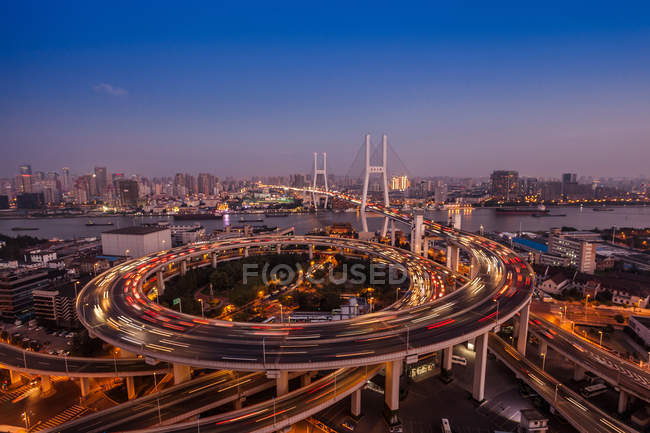 Night view of Nanpu Shanghai Bridge, aerial view — Stock Photo