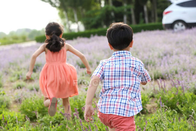 Adoráveis crianças correndo ao ar livre — Fotografia de Stock