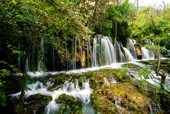 Wunderschöne Naturlandschaft mit Wald und ruhigem Wasser in der Provinz Jiuzhaigou, Provinz Sichuan, China — Stockfoto