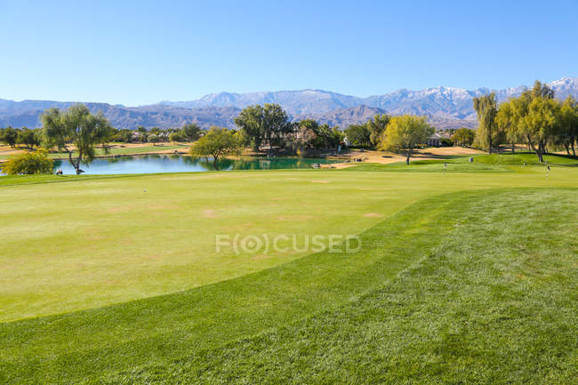 Удивительная зеленая лавка на поле для гольфа в солнечный день — стоковое фото