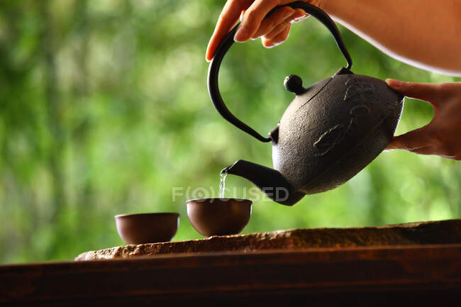 One hand holding the teapot in tea — Stock Photo