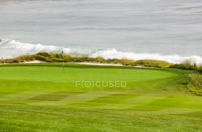 Зеленая лужайка на поле для гольфа и морской пейзаж, Монтерей, США — стоковое фото