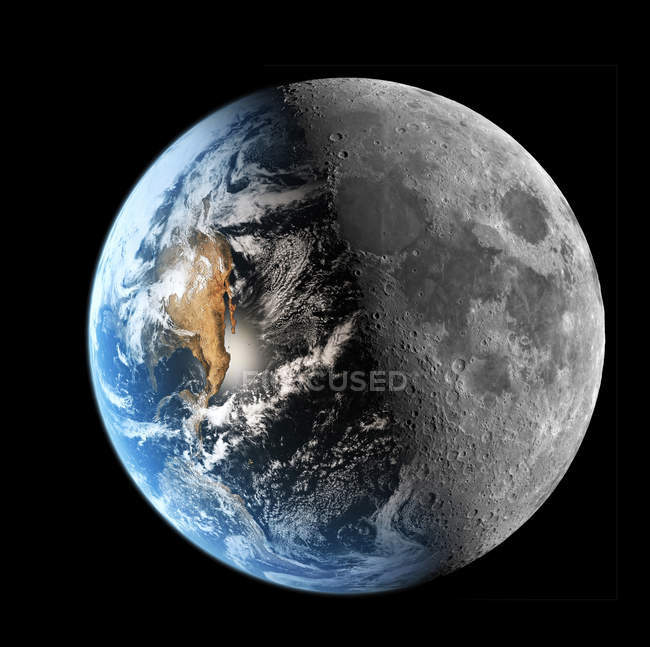 Amazing view of earth to the moon image synthesis on black — Stock Photo