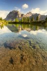The small alpine lake Limedes in a morning in early summer. Larch and fir trees with their vivid colors stand out in contrast with the walls of Lagazuoi still partially in shadow. Dolomites, Falzarego area,Veneto, Italy — Stock Photo