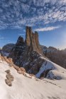 Las torres Vaiolet en invierno, grupo Catinaccio Rosengarten, Dolomitas, Trentino-Alto Adigio, Italia - foto de stock