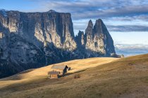 Cabañas de montaña tradicionales en los prados de Alpe di Siusi, en el fondo el Sciliar, Alpe di Siusi, Dolomites, Trentino-Alto Adige, Italia - foto de stock