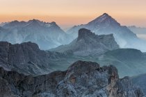 Europe, Italy, Veneto, Belluno. Sunrise from the summit of Cernera towards Mondeval, Dolomites, Veneto, Italy — Stock Photo